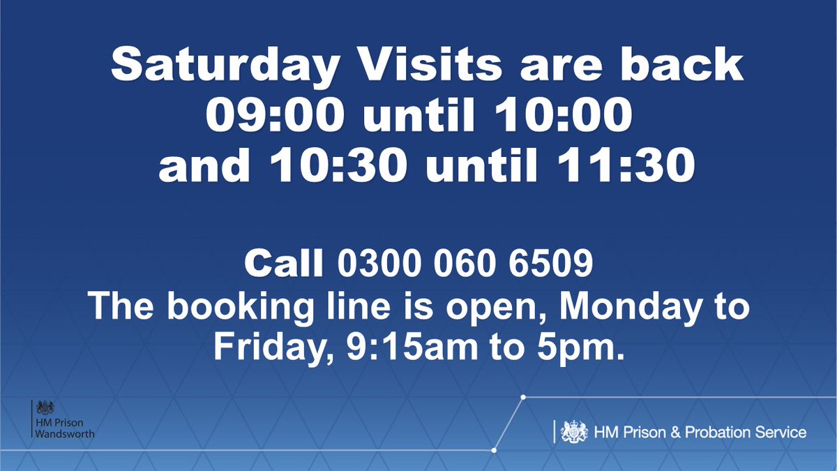 Saturday visits are back. They will initially be run on an alternate week basis with a view to making them weekly next month (May 2022). Timings will be 09:00 – 10:00 and 10:30 – 11:30.