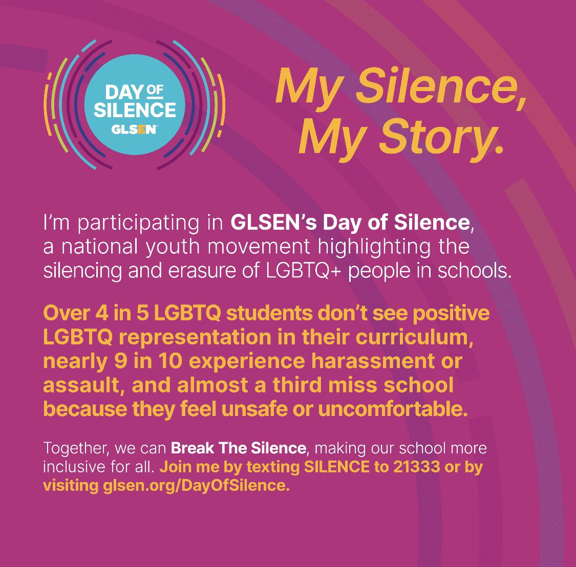scsusage's tweet image. Today is National Day of Silence. This day is to honor and recognize the experiences and erasure of LGBTQ+ people in schools. Take the pledge and break the silence!