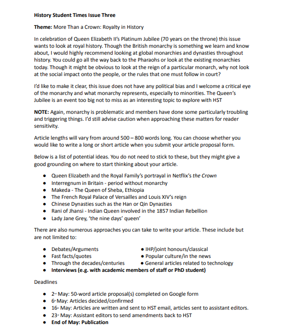 LeedsHST's tweet photo. We are now taking article proposal submissions for our final 2021/22 issue! The theme is ‘Royalty in History.’ Submit your proposals using the form https://t.co/hDs5g1Nxxx by 2nd May and send any queries to historystudenttimes@leeds.ac.uk https://t.co/elXMPErs7t