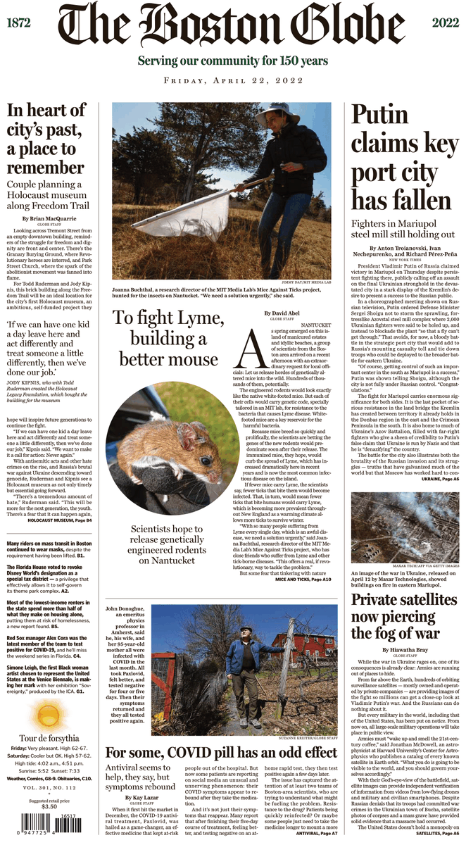 In today’s paper: In an effort to curb Lyme disease, scientists hope to release thousands of genetically altered mice on Nantucket, the Boston Holocaust museum begins to take shape, and more. trib.al/Tp5jt5y