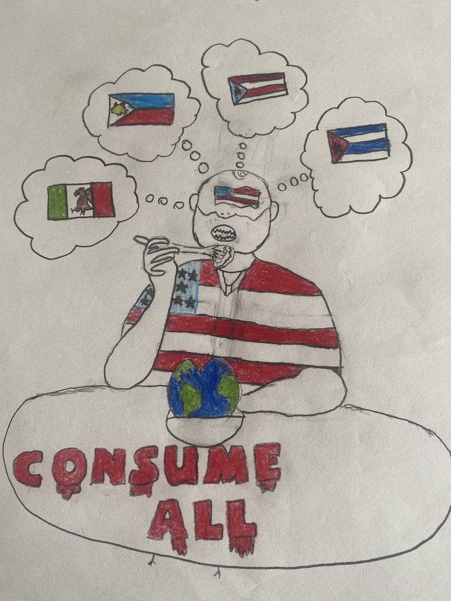 A_R_Vigil's tweet photo. Students drew political cartoons on American imperialism - so many good ones but these are a few favorites ⬇️ https://t.co/97ws9tPTiT