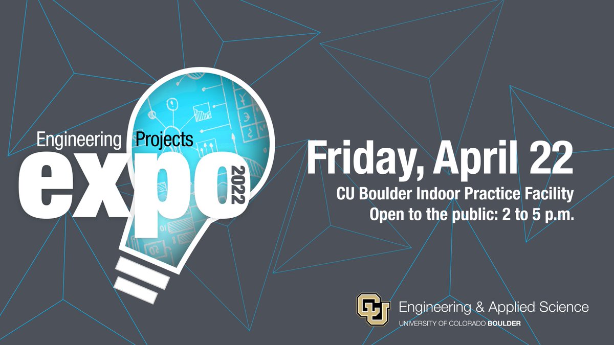 CU Boulder Engineering 🦬 (@cuengineering) on Twitter photo 🚨 TODAY is the Day! 🚨
Join us at the 2022 Engineering Project Expo and explore amazing new inventions and technologies created by our very own students! 🤝
🗓 Friday, April 22
⏰ 2 to 5 PM
📍 <a href="/CUBoulder/">CU Boulder 🦬</a> Indoor Practice Facility
More information ⤵️
colorado.edu/engineering/ex… 🚨 TODAY is the Day! 🚨
Join us at the 2022 Engineering Project Expo and explore amazing new inventions and technologies created by our very own students! 🤝
🗓 Friday, April 22
⏰ 2 to 5 PM
📍 <a href="/CUBoulder/">CU Boulder 🦬</a> Indoor Practice Facility
More information ⤵️
colorado.edu/engineering/ex…
