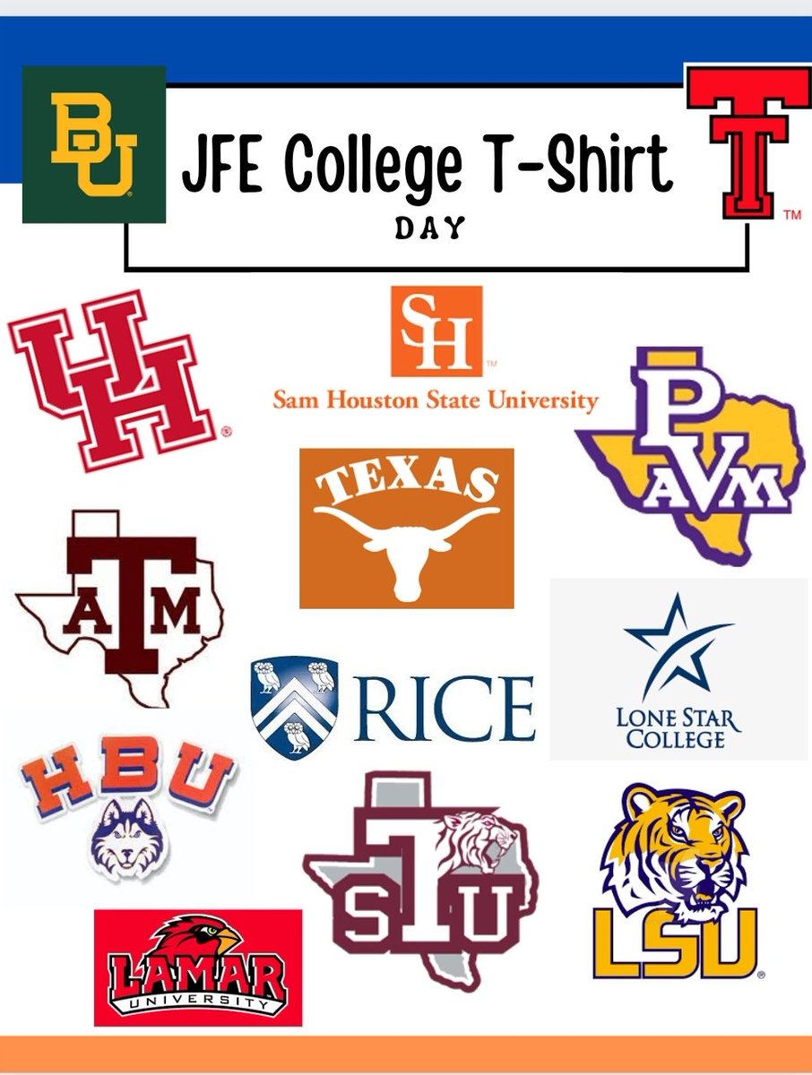 jerlene_gibbs's tweet photo. TY you to our staff &amp; kids for supporting JFEs Wild about College Week each 9weeks. Students are learning about the Arts &amp; Humanities career choices this 9weeks. Finding out what you want to do when you grow up is a challenge, but boy is it worth it! @HumbleISD @HumbleISD_CBS https://t.co/3wQlLj8vBJ