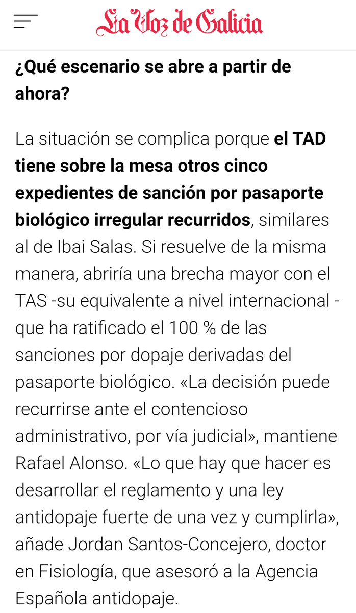 alyelmo's tweet photo. 22/02/2019 | @lavozdegalicia recogía unas declaraciones de @ramcoruna y @JordanSudafrica sobre el #PasaporteBiológico español. Decía este medio que <<el TAD tiene sobre la mesa otros 5 expedientes de sanción por ABP irregular recurridos>>, pero ¿era el #TAD o era la #AEPSAD? https://t.co/vLuUESVkAa