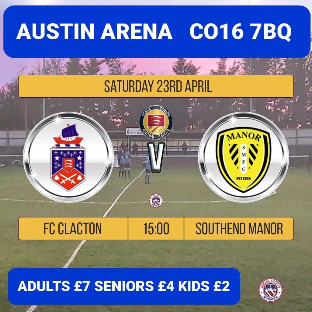FC Clacton (@fc_clacton) on Twitter photo Join us at The Austin Arena tomorrow afternoon for the First Team's final game of the season.
<a href="/SouthendManorFC/">Southend Manor FC</a> are the visitors as we look to go out on a high with our fifth successive victory.
We hope to see you there!
#Seasiders ⚪🔵⚽ Join us at The Austin Arena tomorrow afternoon for the First Team's final game of the season.
<a href="/SouthendManorFC/">Southend Manor FC</a> are the visitors as we look to go out on a high with our fifth successive victory.
We hope to see you there!
#Seasiders ⚪🔵⚽