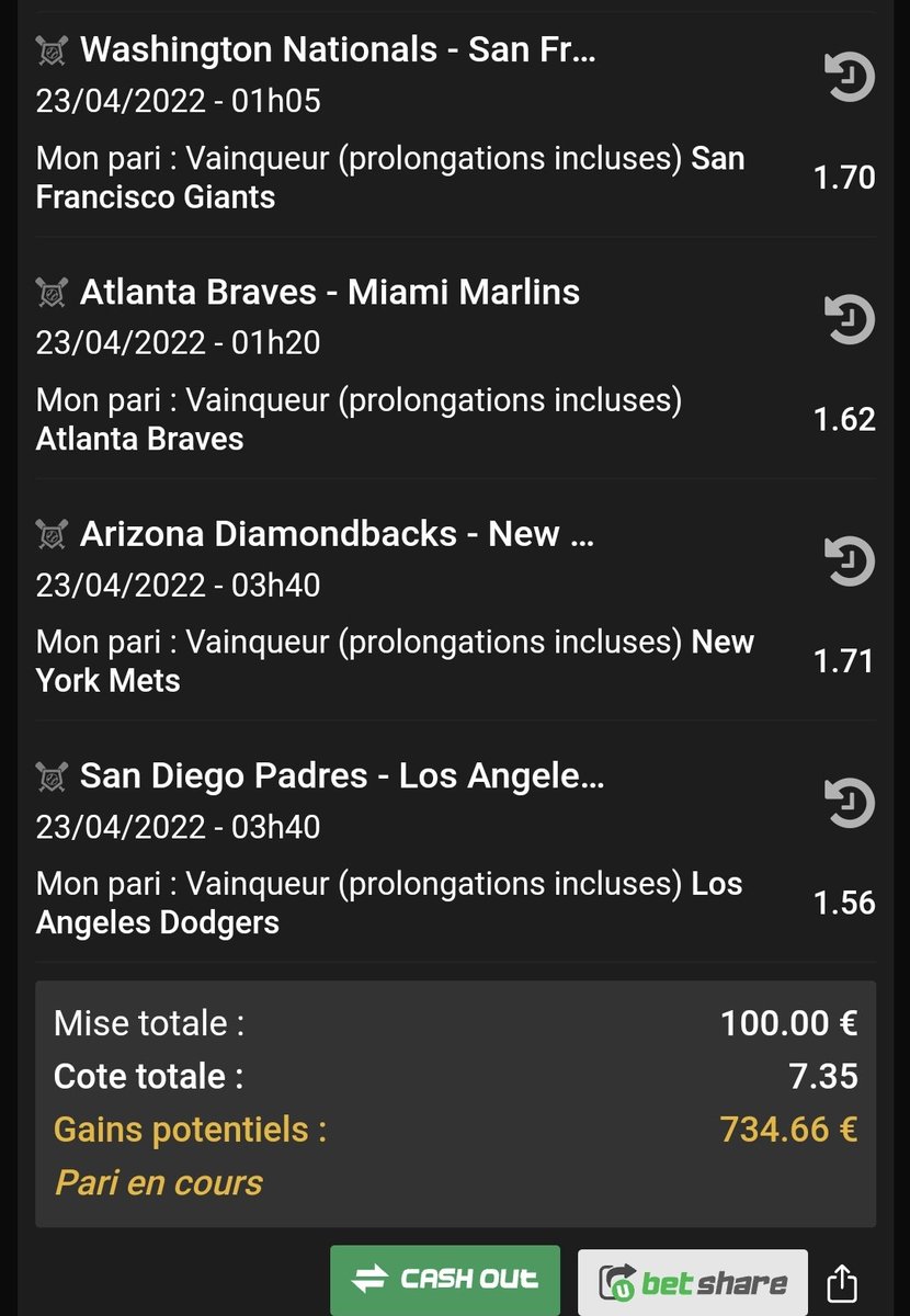 J'ai joué les 100€ de bénéfice prit sur le combi d'hier en baseball 🙏! 

Je fais gagner 5x10€ parmis les retweets si ce combi grosse confiance glisse 🙏!

Follow pour valider ta participation 😈! #TeamParieur #TeamDPZ