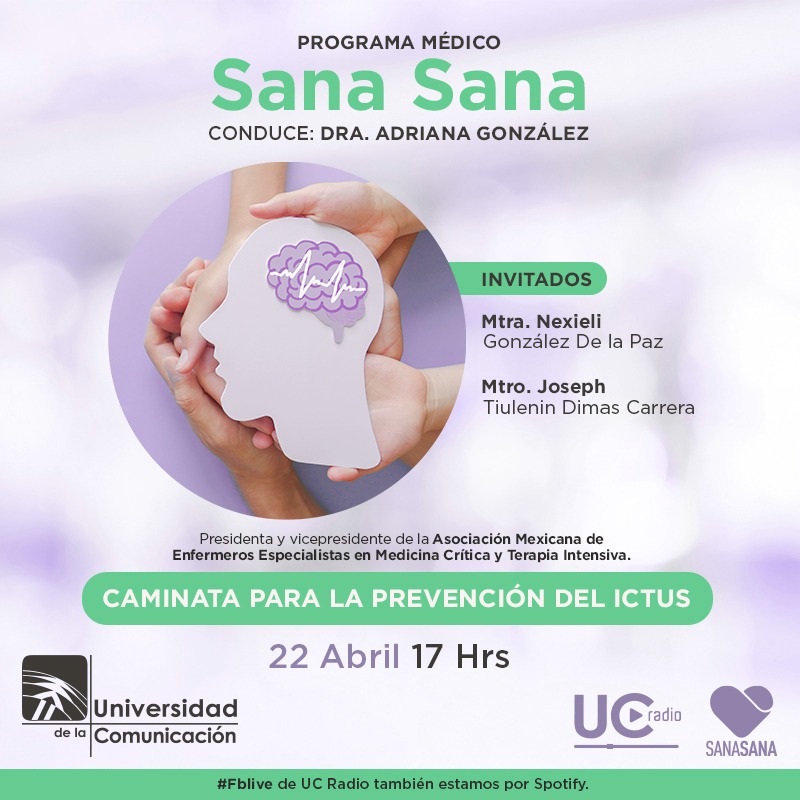 ¡No te pierdas a la <a href="/AdryDra/">Dra. Adry UC.</a> en #SanaSana! Hoy como invitados nos acompañan: 
🔥 Nexieli González
🔥 Joseph Tiulenin Dimas 

Para hablarnos de: 
"Caminata para la prevención de ICTUS"

▶️ Ponle play 
📌 5 pm
📍 Facebook.com/ucradiomx
🗓️ Viernes 22.04.22