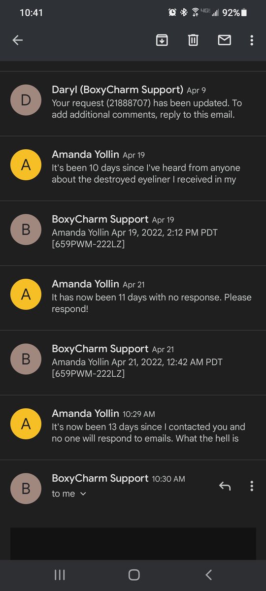 RollinYollin's tweet photo. @boxycharm as you can see unanswered emails since April 9th! The emails I get back from you just "update" the thread. Theres no communication in them. Can someone actually help me? https://t.co/EaAFyuP069