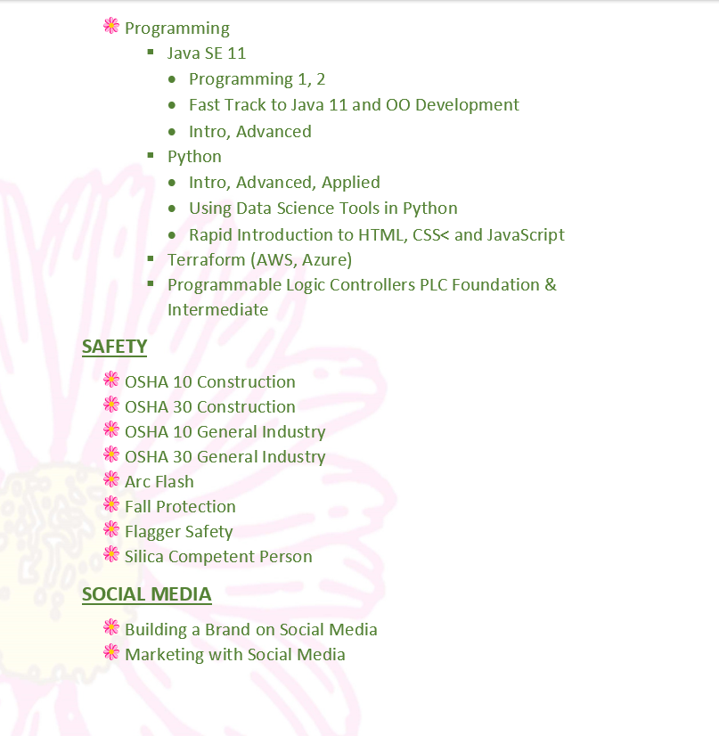 Take A Look At All The Class Subjects We Have To Offer!🌸
You Can See A More In-Depth List Of Classes Within Each Subject By Visting Our Website At ibt-sc.com Under "Training"
Call Us At 864-626-4280 
#certificationcourses #businesstraining #opportunities #selfgrowth