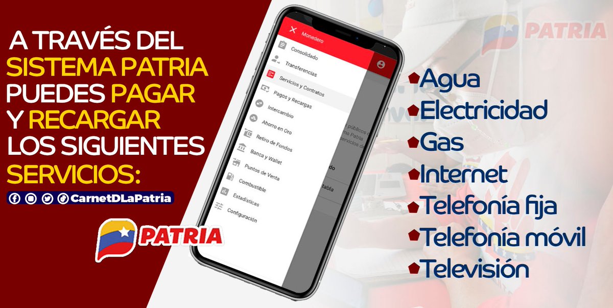 CarnetDLaPatria's tweet image. #ENTÉRATE A través del #SistemaPatria puedes pagar y recargar los siguientes servicios:

Teléfono Móvil, visita aquí&amp;gt;
bit.ly/3pLFZPa

Agua, Luz y Telefonía, visita aquí&amp;gt;bit.ly/3wiqoJf

¡Cancela a tiempo y no te quedes sin saldo!

#NoTeDescuidesConLaCovid #22Abr