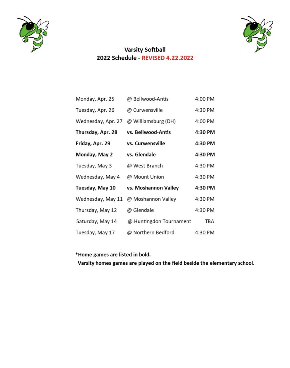 JVHornetsSB's tweet photo. Revised schedules for the remainder of the season. May the weather odds be ever in our favor. 🤞

#jvsb #hornets 💚🥎 https://t.co/WqNDGeAPeh