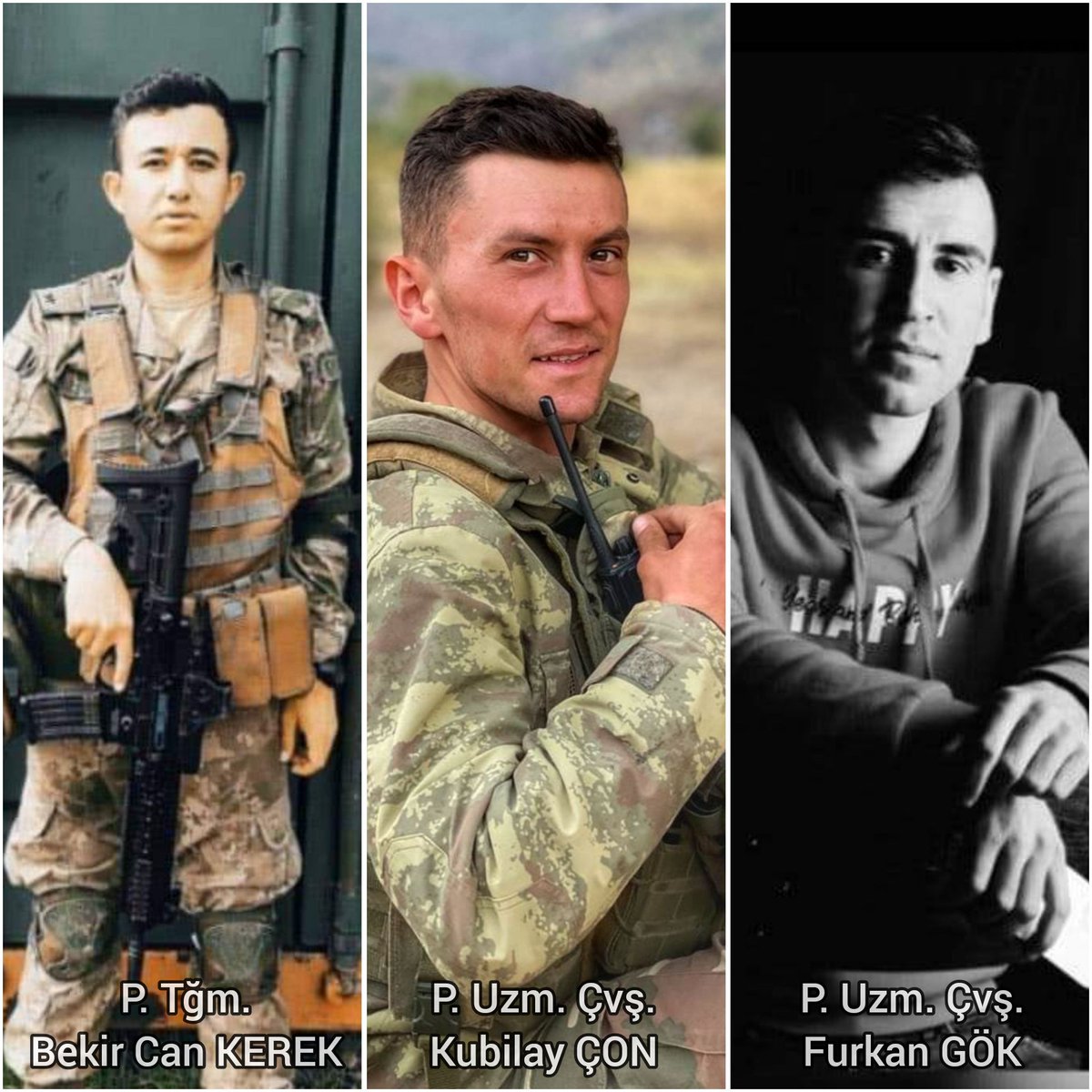 muhendisyenn's tweet photo. Irak'ın Kuzeyi Zap bölgesinde icra edilen Pençe Kilit Operasyonu'nda çıkan çatışmada 3 Askerimiz Şehit oldu. 

P. Tğm. Bekir Can Kerek
P. Uzm. Çvş. Kubilay Çon
P. Uzm. Çvş. Furkan Gök

Başımız sağ olsun. 🇹🇷
Allah rahmet eylesin.
Mekanları cennet olsun 🤲

#PençeKilit https://t.co/GAeFhibx5r