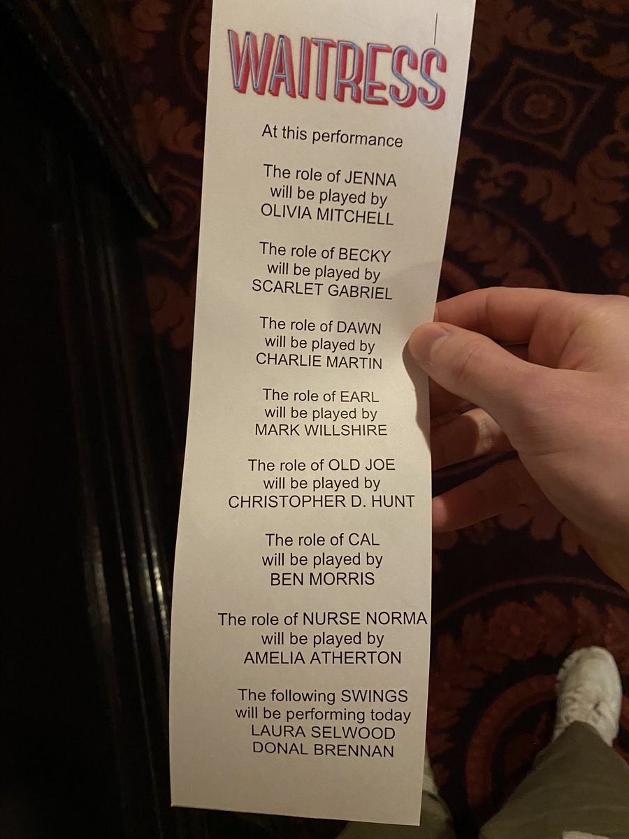 WestEndCovers's tweet photo. Tonight at @WaitressUK
@Oliviamitch47 #Jenna #2ndcover
@scarletgabriel #Becky
@CharlieMartin87 #Dawn #2ndcover
@MarkWillshire #Earl #Return
@chrisdhunt80 #Joe
@benmorrisactor #Cal
@AmeliaAtherton #NurseNorma
With
@DonalBr_  @LauraSelwood and the ensemble performing split tracks! https://t.co/zFRln7GiKf