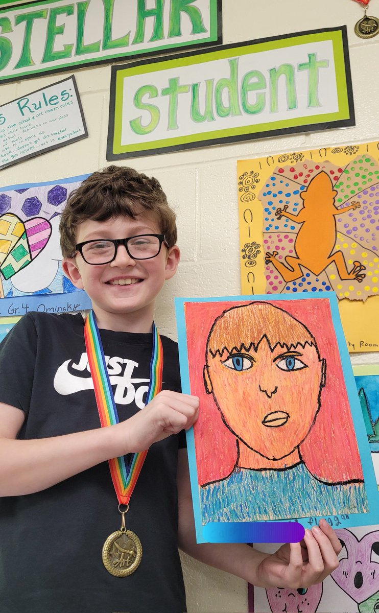 GVartroom's tweet photo. Congratulations to my Stellar Student from Flanagan's Third Grade Class.  He did a great job on his van Gogh inspired portrait!!  Look at how he blended those oil crayons way to go!! https://t.co/5Da1hq8rLz