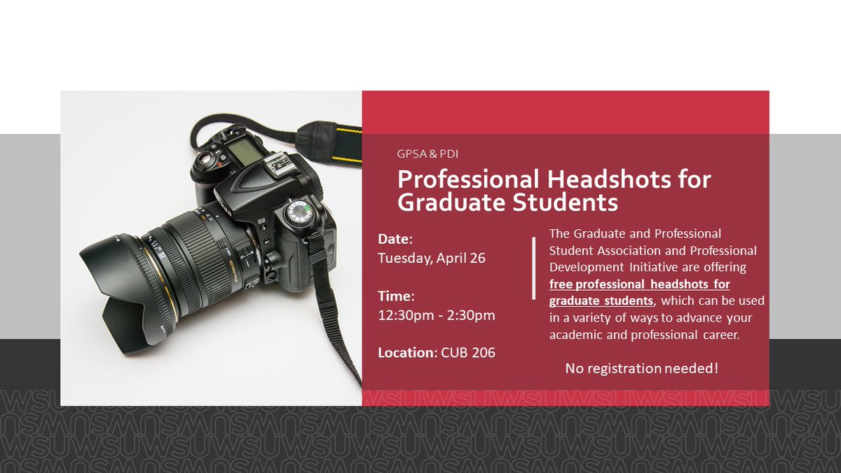 The GPSA and PDI are offering free professional headshots 📷 for graduate students, which can be used in a variety of ways to advance your academic and professional career! No registration needed. Tuesday, April 26 from 12:30pm - 2:30pm @ CUB 206