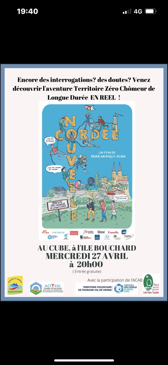 JulieDejammet's tweet photo. RAPPEL 🔷 Avec la participation du Parc Naturel Régional, de l’ACAB et de la CCTVV, ActYval propose la projection du film « Nouvelle Cordée » de Marie-Monique Robin.
🔹Mercredi 27 avril à 20h00-CUBE l’Ile-Bouchard [Entrée gratuite]
#Film #TZCLD #ActYval #TerritoireduBouchardais https://t.co/I6eU2PbLOE