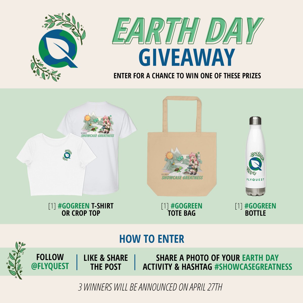 FlyQuest's tweet photo. 🌱We want you to #GoGreen with us! Join our eco-friendly Earth Day apparel giveaway!

For a chance to win:
🌳Follow @FlyQuest
👍Like
📣Retweet
Additional Entry -
📷 Reply with a photo of your Earth Day activity and use the hashtag #ShowcaseGreatness! https://t.co/21OPod8U7L