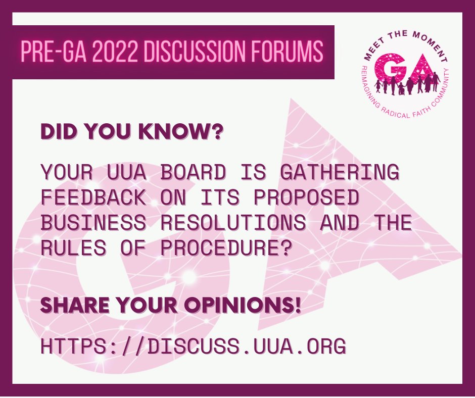 uua_board's tweet photo. THOUGHTFUL FEEDBACK WANTED ‼️

We've set up discussion forums to gather your thoughts about the two business resolutions and the rules of procedure. Sign up, share your opinions, and exercise your voice in UUA governance. BTW, you don't have to be a delegate to get involved.😎 https://t.co/toifMX2YKx
