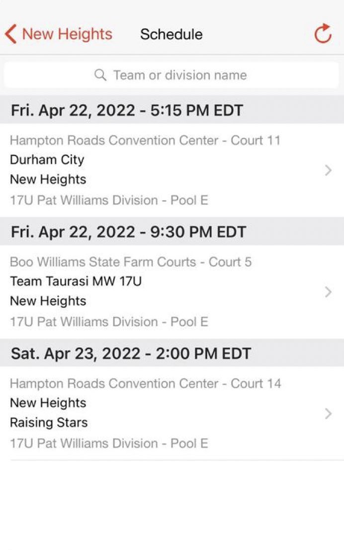 This weekends New Heights 17U schedule at Boo Williams!!