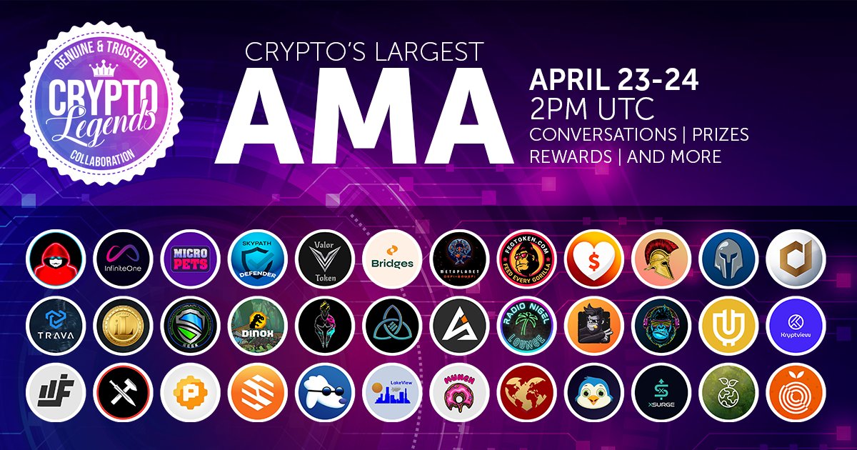 Join us tomorrow 2PM UTC / 10AM EST for the most revolutionary collaboration in the history of DeFi!🔥Over 40 hours, featuring 50+ top projects and $20K in prizes! 💝This is going to change the space forever. Don't miss it! 🏆 <a href="/CryptoLegendsGp/">Crypto Legends</a> 

cryptolegendsgroup.com
