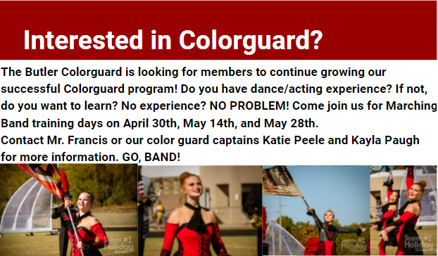 butlerbulldawgs's tweet image. The Butler Colorguard is looking for members to continue growing our successful Colorguard program! Do you have dance/acting experience? If not, do you want to learn? No experience? NO PROBLEM! Come join us for Marching Band training days on April 30th, May 14th, and May 28th.