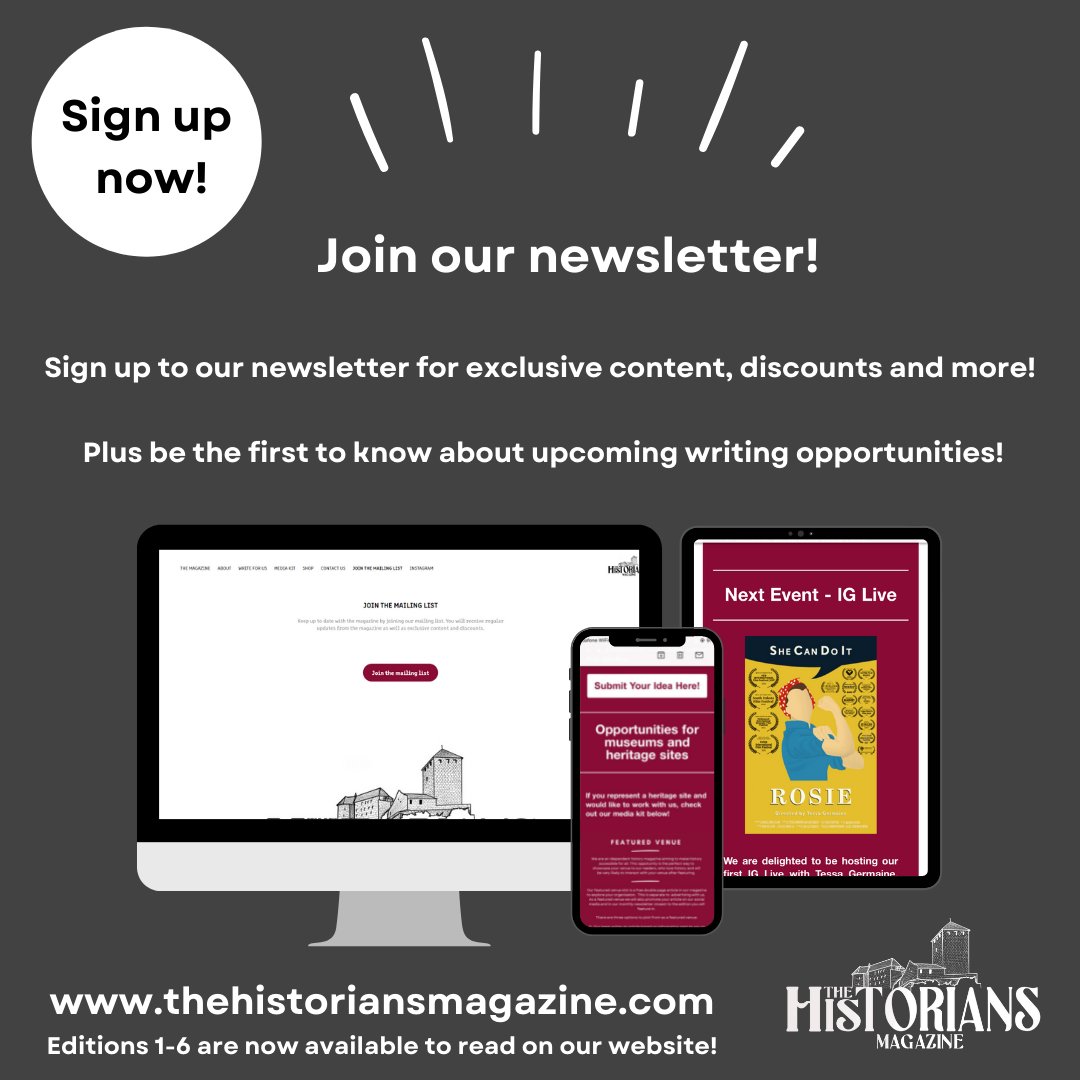 historiansmag's tweet photo. Have you signed up to our newsletter yet?
If you sign up you will get:
Exclusive content
Discounts
First look at editions
Plus be the first to know about upcoming writing and magazine opportunities
Sign up via the link in bio!😍
#newsletter #historymagazine #history https://t.co/WEOTCVgJE4