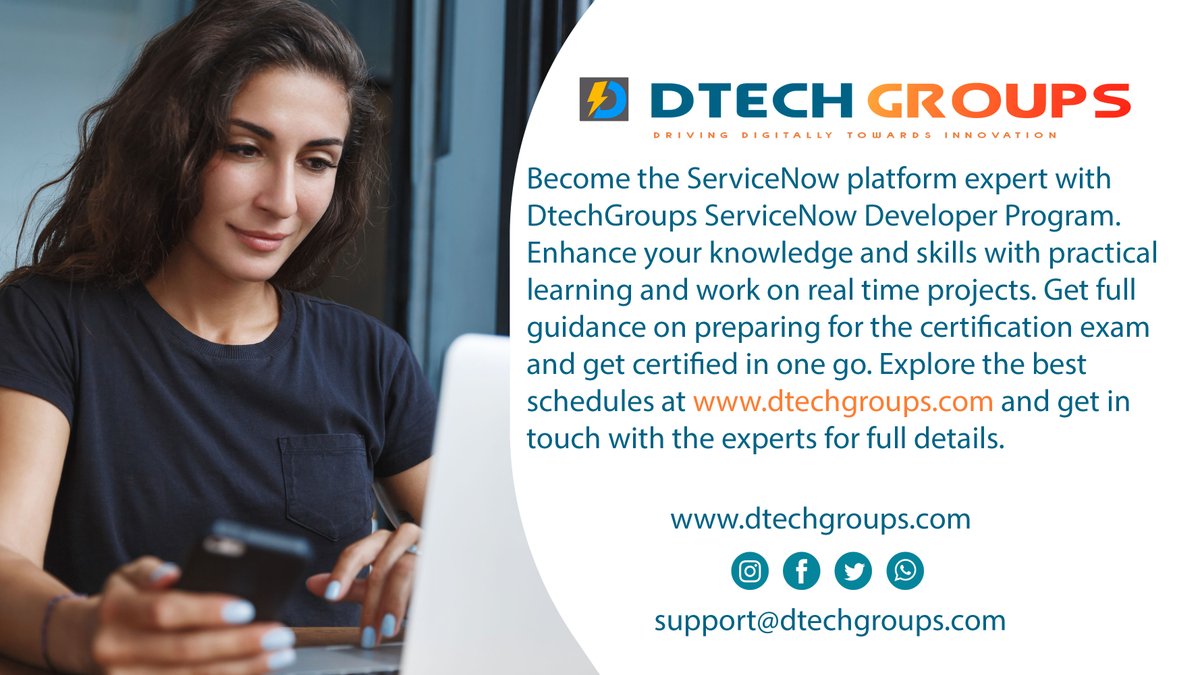 DtechgroupsM's tweet image. Become the ServiceNow platform expert with DtechGroups ServiceNow Developer Program. Explore the best schedules at dtechgroups.com and get in touch with the experts for full details. 
#work #learning #developer #projects #dtech #socialmedia #Twitter