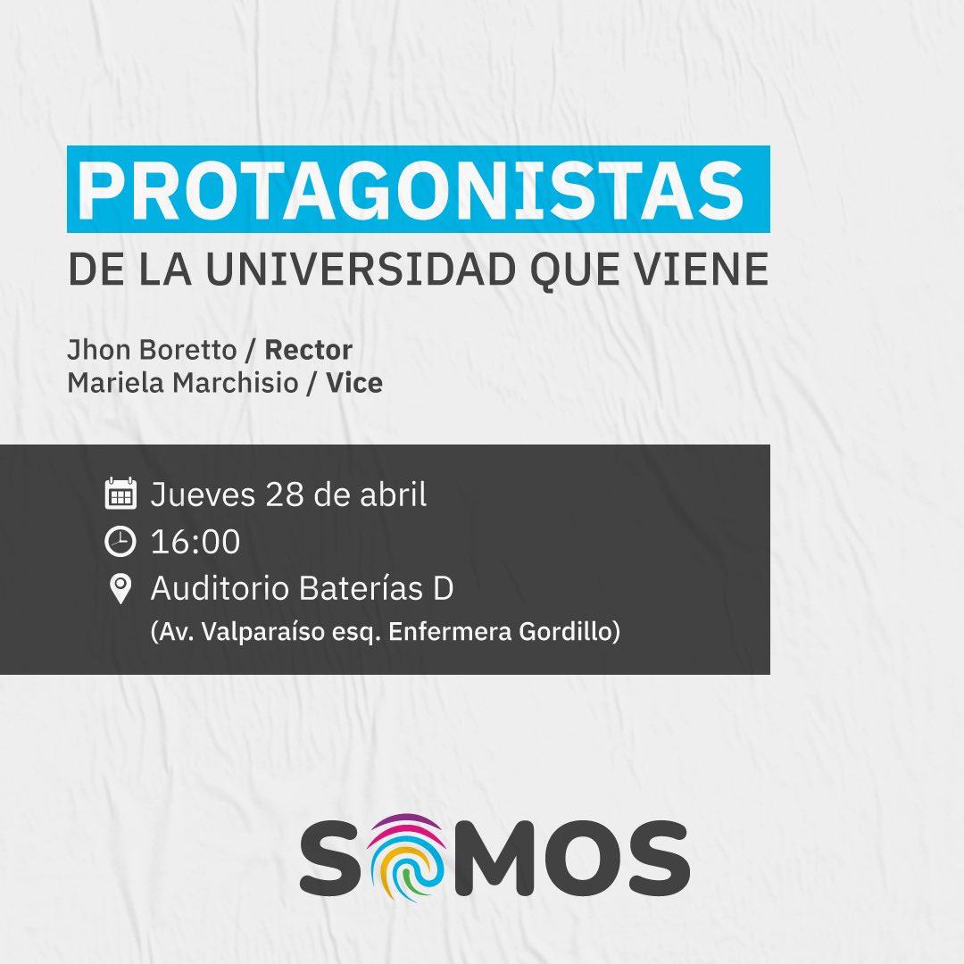 SomosUnc's tweet photo. Te invitamos a acompañar a @jhonboretto y Mariela Marchisio en el acto de #Somos para que juntos avancemos en la construcción de una UNC con +innovación, +oportunidades y +participación 💪🏻

📅 Jueves 28/04 - 16:00
📍Auditorio Baterías D (Av. Valparaíso esq. Enfermera Gordillo) https://t.co/KHxqCKtbXs