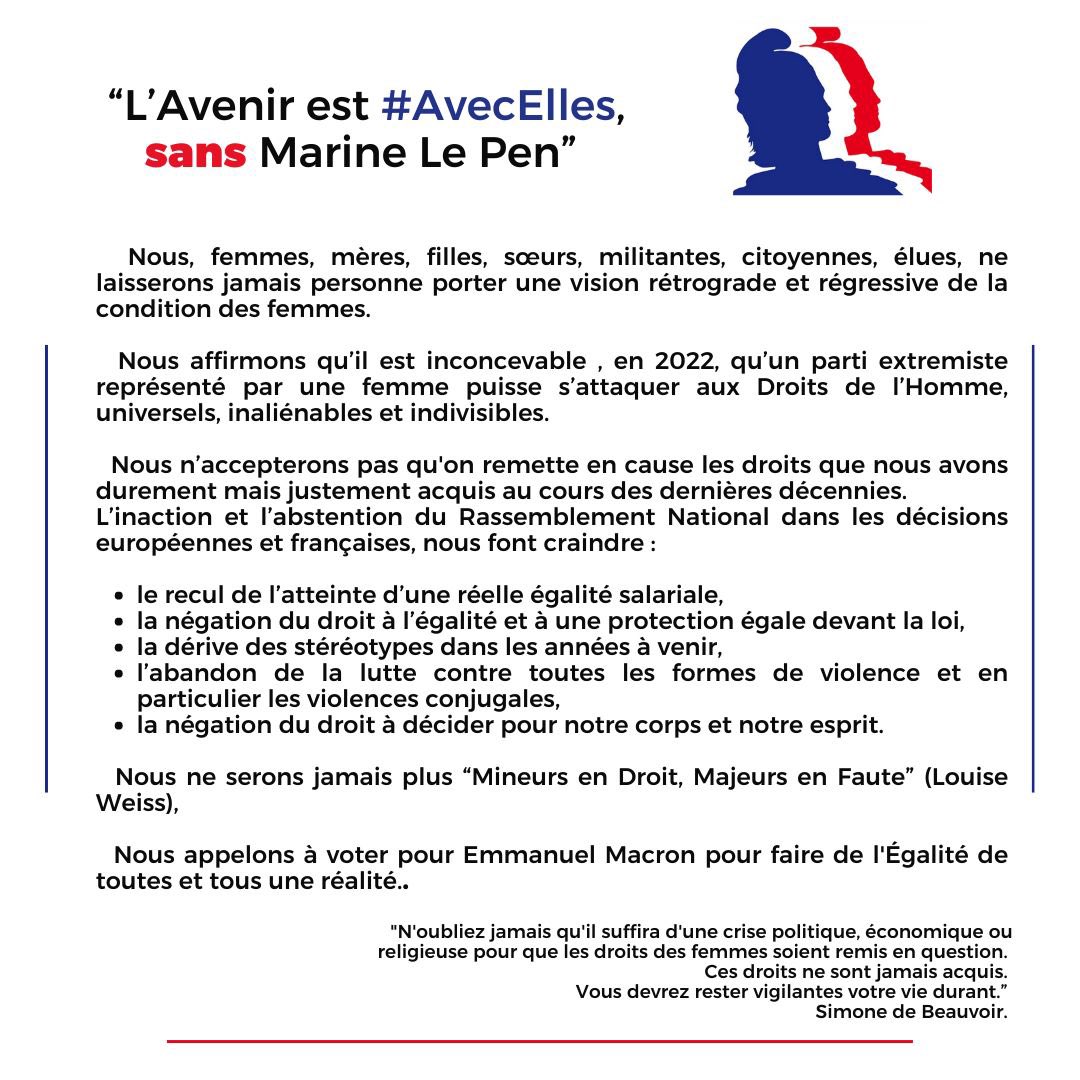 L' Avenir est #AvecElles sans Marine Le Pen. 

#Le24JeVoteMacron pour défendre nos Droits #Égalité

#femmesdemocrates @Femmes_Dem