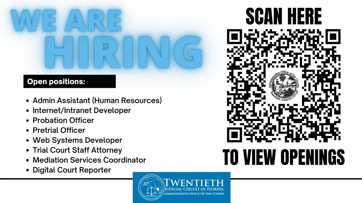 SWFLCourts's tweet photo. LOOKING FOR A NEW JOB? Want to work in a neutral, non-biased professional environment with interesting people? A career with the Administrative Office of the Courts may be for you!
https://t.co/7AW52YGDHX
#SWFL #SWFLCourts #FLCourts #SWFLJobs https://t.co/7TlmVxRrxz