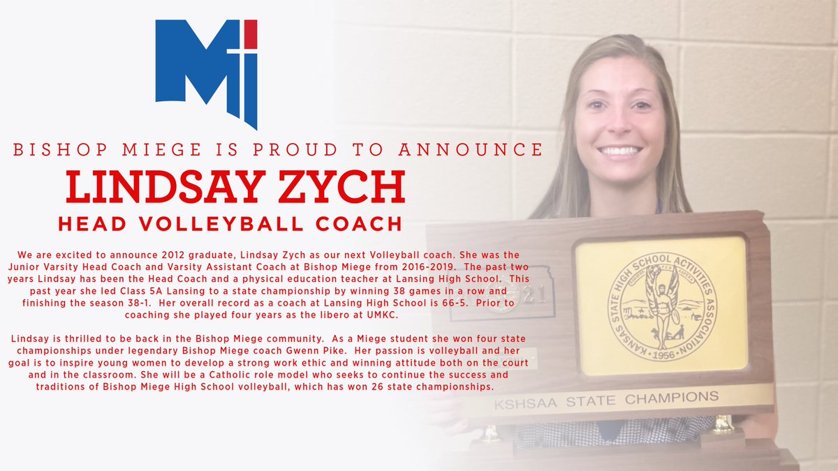 BishopMiegeGDay's tweet photo. 🔴Head Volleyball Coach Announcement🔵
Bishop Miege is excited to announce Lindsay Zych as our next Head Volleyball Coach. #GoStagsGo https://t.co/gBJeduApTE