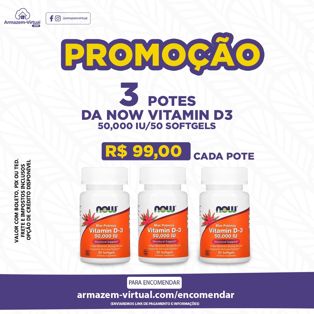 armazem_virtual's tweet photo. Aproveite antes que acabe. Leve agora mesmo 3 potes do Now Vitamin D3 (50000 iu - 50 softgels) por R$99 cada pote.

🔵Para encomendar - https://t.co/9y8cg7yzS5

📱WhatsApp: +1 (786) 690-4800

#ArmazemVirtual #Brasil #vitaminaD3 #suplementos #NowFoods https://t.co/QnKPPCKOxi