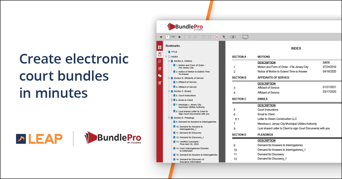 LEAP4Lawyers's tweet photo. There’s no need to spend countless hours preparing court packets when using @BundlePro1's integration with LEAP. Create professional, searchable, presentable, and cost-effective electronic PDF bundles for the court in minutes: https://t.co/yACnXsU3Tm https://t.co/MQFqijdbbP