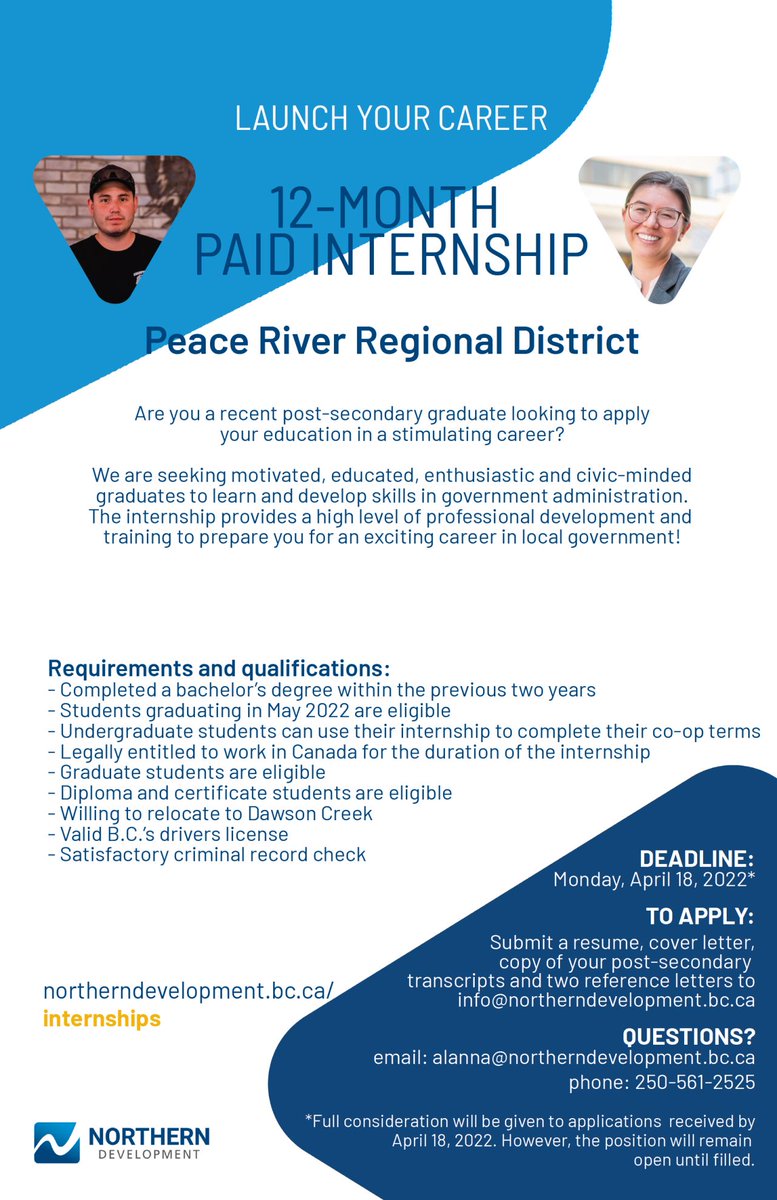prrdistrict's tweet photo. Get paid to launch your career! Join the PRRD under the @NorthernDevelop Local Government Internship program! Learn more at: https://t.co/T8vIqMmQUF #WorkBC #MoveUpHere @NortheastBC https://t.co/pSOwBxgzs7
