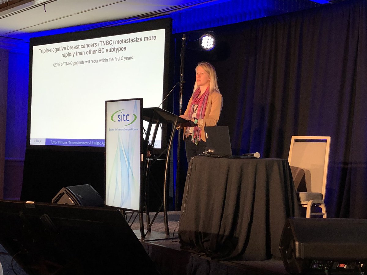 sitcancer's tweet photo. #SITCworkshop Tumor Immune Microenvironment: A Holistic Approach invited abstract presenter Michelle Williams discusses how heme metabolism and bilirubin act on macrophages to create an immunosuppressive environment in metastatic TNBC. #TME https://t.co/XM2QVVvlqn
