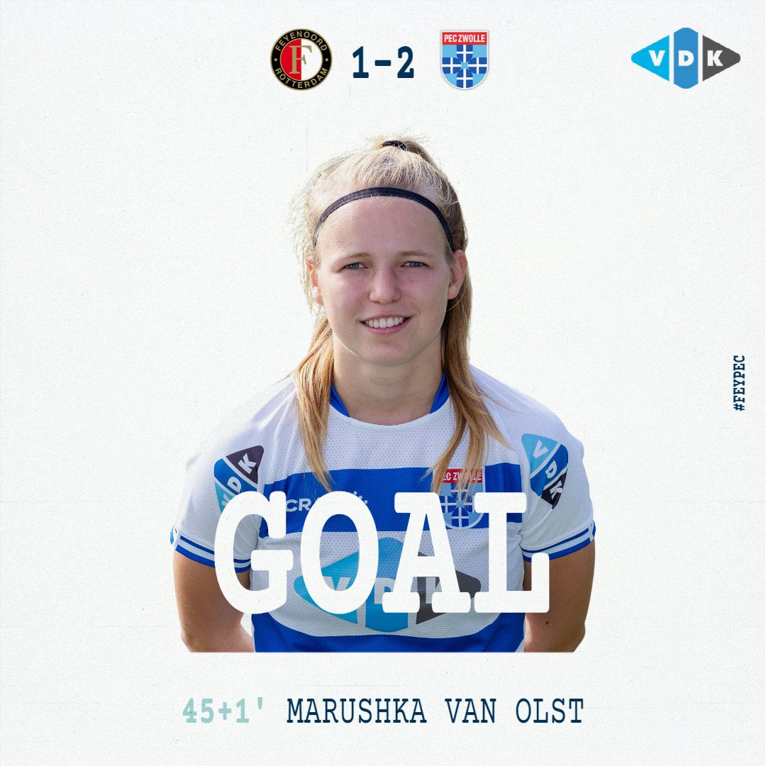 PECVrouwen's tweet image. 45+1' ⚽️ DOELPUNT PEC Zwolle Vrouwen! Marushka van Olst! Die is even wezen tanken bij de Firezone voor de wedstrijd. Kan niet anders! Vanaf eigen helft gooit ze de turbo aan en loopt iedereen die ze tegenkomt eruit. Oog in oog met Weimar vindt ze de verre hoek: 1-2! #feypec