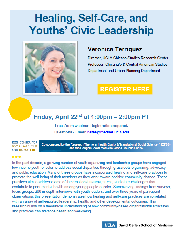 uclahetss's tweet photo. Please join us today at 1pm PT via Zoom as Dr. Veronica Terriquez presents "Healing, Self-Care, and Youths' Civic Leadership" https://t.co/vn6SZ8tEHt https://t.co/kVWghc8Vq0