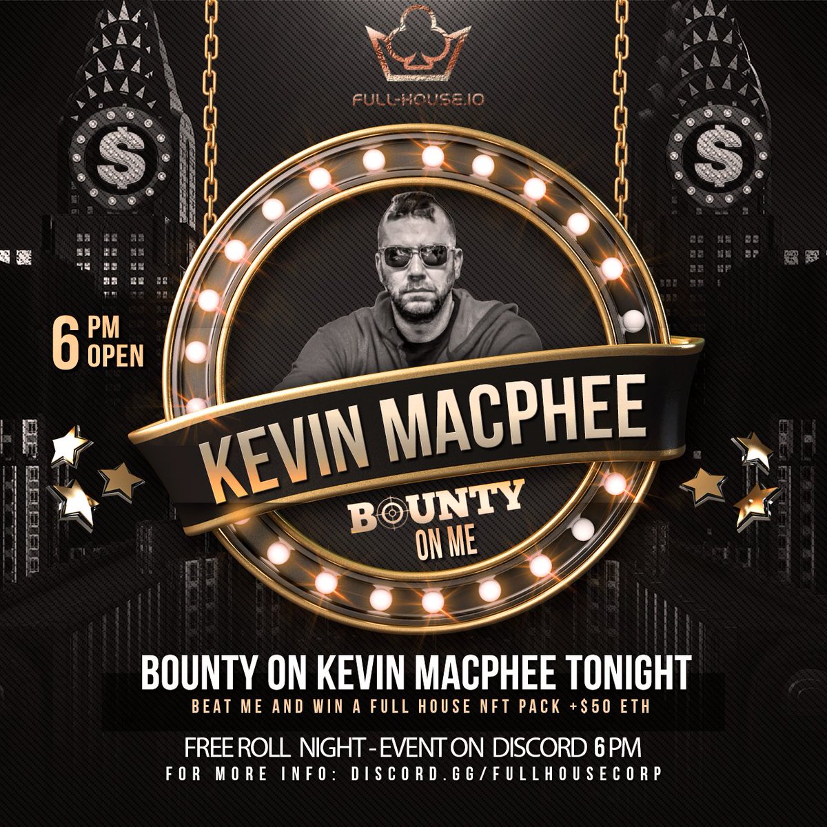 Tonight 6PM EST MTL TIME
1st place: 1 Full House Pack
2nd place: Full House Zip Hoodie
3rd place: Full House Water Bottle 20oz

Beat <a href="/KevinMacphee/">Kevin MacPhee</a> and win 1 Full House Pack + $50 in ETH

Rules:
Follow us <a href="/FullHouseCorp/">Full House Corporation Inc.</a> 
RT + Tags 3 persons
Event info on discord.gg/fullhousecorp