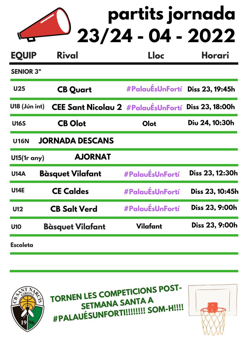 🗓Calendari de partits #CBSN d’aquest cap de setmana‼️🏀