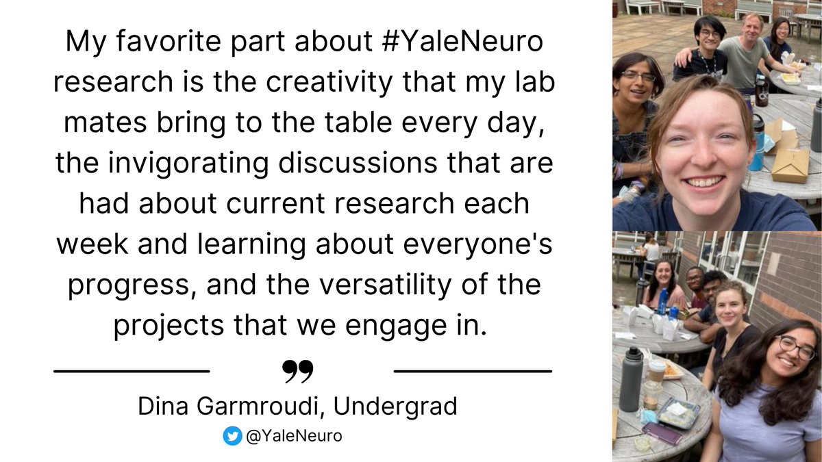 YaleNeuro's tweet photo. Dina enjoys this research largely because of the people @SChandraLab, who foster a caring environment conducive to her learning. Way to go Dina and all of our wonderful #YaleNeuro undergrad researchers! 😊 We appreciate all your work 👏 [2/2] https://t.co/0Au3rpOspG
