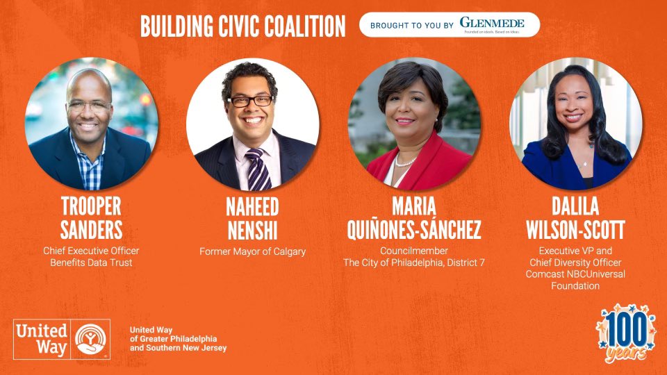 Our first panel is about to begin! Joining <a href="/nenshi/">Naheed Nenshi</a> to discuss the power and challenges of cross-sector collaboration to address urgent crises is <a href="/MariaQSanchez/">Maria Quiñones Sánchez</a>, <a href="/dalila_says/">Dalila Wilson Scott</a>, and <a href="/TrooperSanders/">Trooper Sanders</a>. #PhillySJUnited