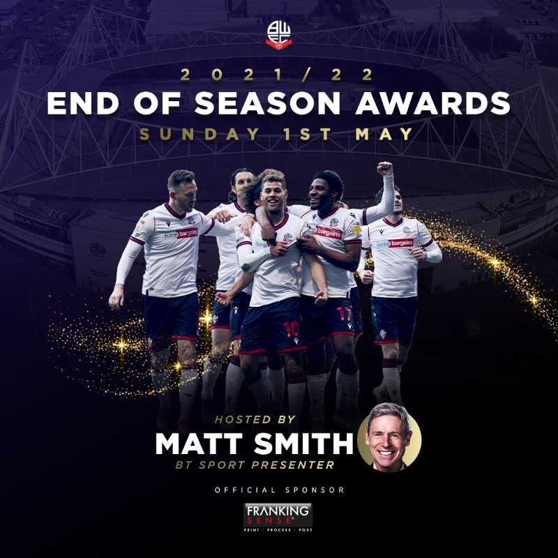 OfficialBWFC's tweet photo. 🏆 Join us this time next week for a night of celebrations @UoBStadium...

🎟️ Your last chance to book tickets for the upcoming End of Season Awards is 5pm on Wednesday 27th April. 

📞 Call 01204 673761 or email sales@bwfc.co.uk.

@frankingsenseuk

#BWFC 🐘🏰