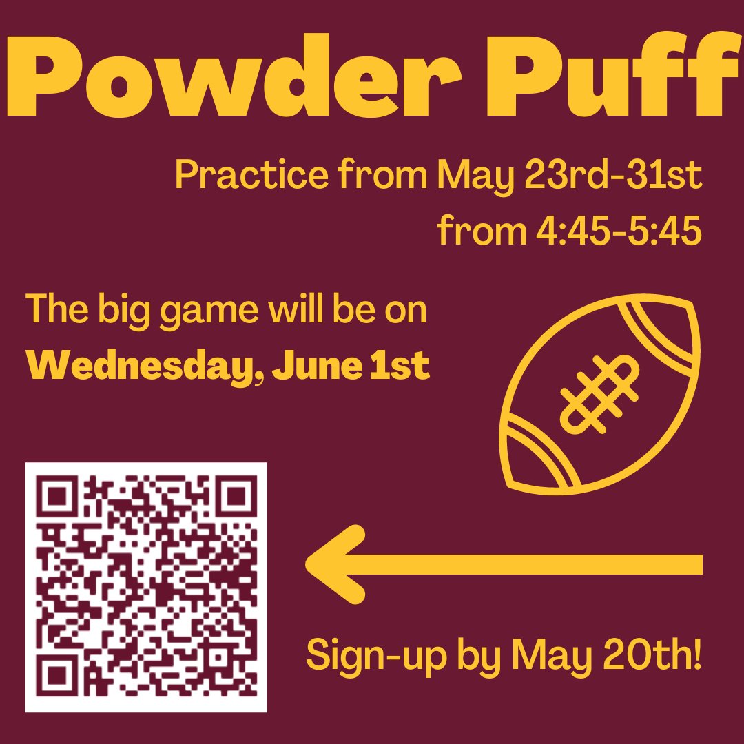 Interested in playing Powder Puff? All non-traditional players are invited to sign up for our Juniors vs. Seniors Powder Puff game. Use the QR code to get signed up and find permission slips in front of the Mustang Market.