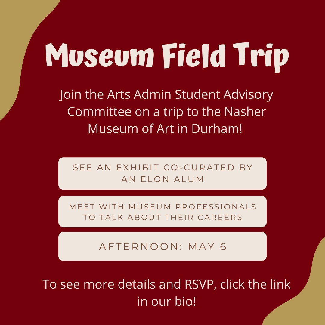 The Elon Arts Admin Department's Student Advisory Committee is planning a trip to the Nasher Museum of Art at Duke University on May 6! A maximum of 15 students can come on this trip, so click the link in our bio to sign up.