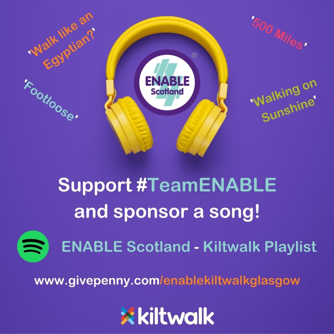 Enable_Tweets's tweet photo. Missing out on the fun @thekiltwalk but still want to show your support for #TeamENABLE? 👏
For only £1, you can help inspire and drive the #ENABLEfamily towards the finish line and a well-earned rest! 😴
Sponsor a song to support our #charity, visit:
💜 https://t.co/5f7PrkUYaQ https://t.co/7MCqwIaVVm