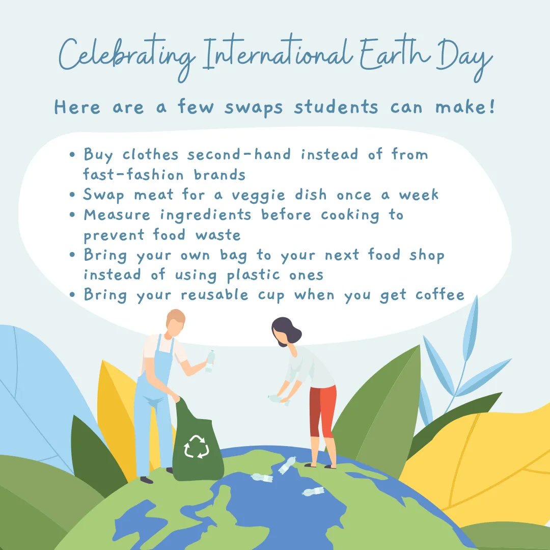 Happy International Earth Day! 

Two things that students are short of: money and time 🤣 

Here are some quick and budget-friendly swaps #students can make to support the #planet.
Which easy swaps would you recommend to students? 
#earthday #sustainableswaps