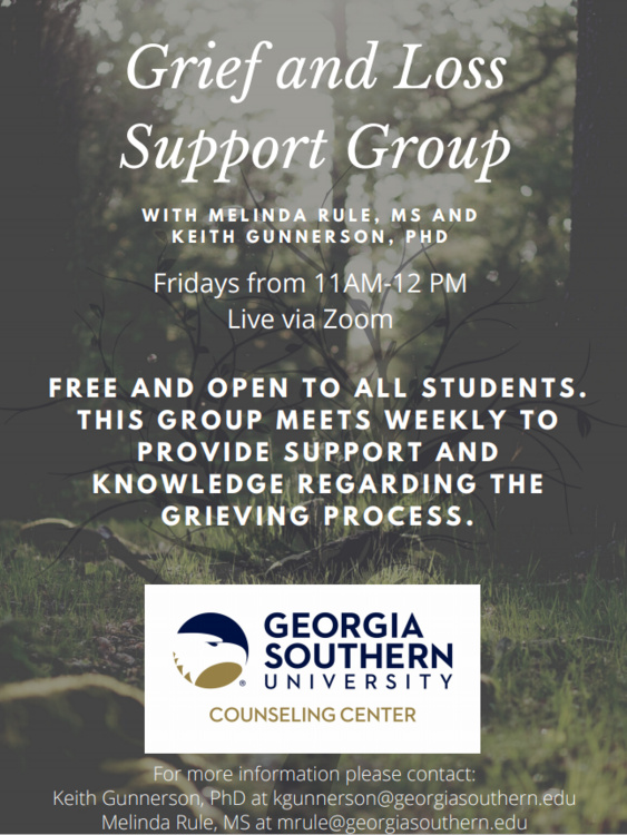 GeorgiaSouthern's tweet photo. The next Grief and Loss Support Group with the Counseling Center starts at 11 a.m. today. Find connection and support in the knowledge that you are not alone.
Details 🔗 https://t.co/ZvToVSh4vz https://t.co/p5pRtsv9fz