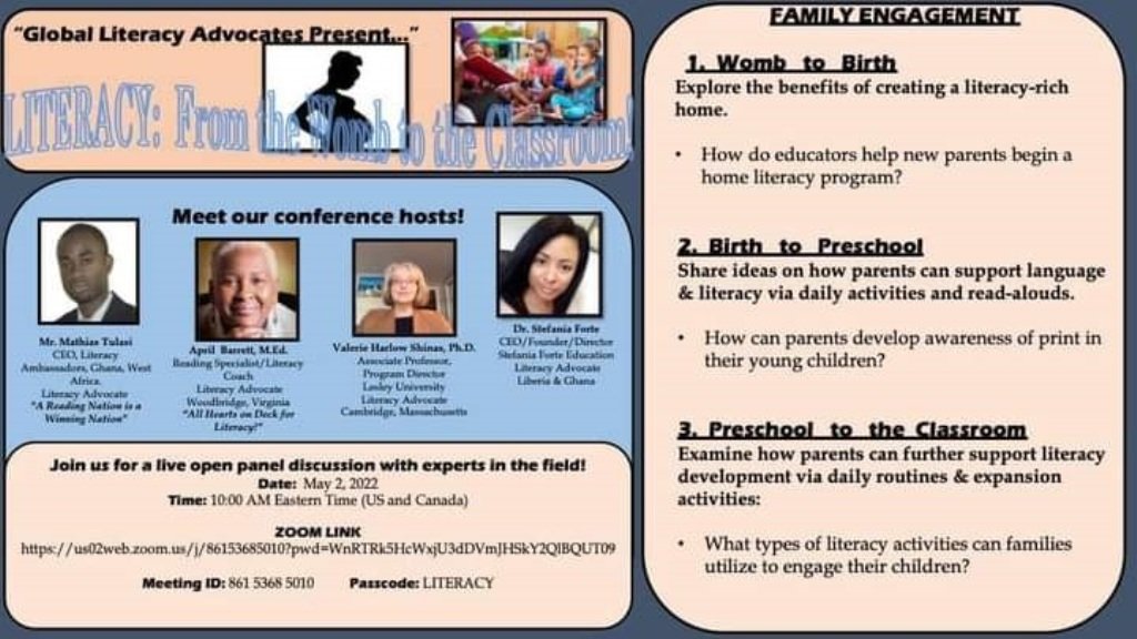 Watch out! 

Global Literacy Advocates Zoom Conference on the Topic "From Womb to the Classroom" on May 2, 2022. <a href="/vshinas/">Valerie Shinas</a> <a href="/LiteracyBoss/">April Barrett</a> <a href="/ReadWestInc/">ReadWest Adult Literacy</a> <a href="/TeachAlvarez/">Ms. Janice Alvarez (her/she)</a> <a href="/ProfJPizzo/">Joseph Pizzo</a> <a href="/MrLitEdu/">Tre Hadrick</a> <a href="/thenanaaba/">nana aba</a> <a href="/hughes_onair/">Johnnie Hughes, TBG</a> <a href="/yoadutwum/">Yaw Osei Adutwum</a> <a href="/Otumfuofdn/">Otumfuo Osei Tutu II Foundation.</a> <a href="/NJOAgyemang/">Professor Naana Jane Opoku-Agyemang</a> <a href="/DrKimJamison1/">Dr. Kim Jamison</a> <a href="/DennisOseiBoat6/">Dennis Boateng</a>