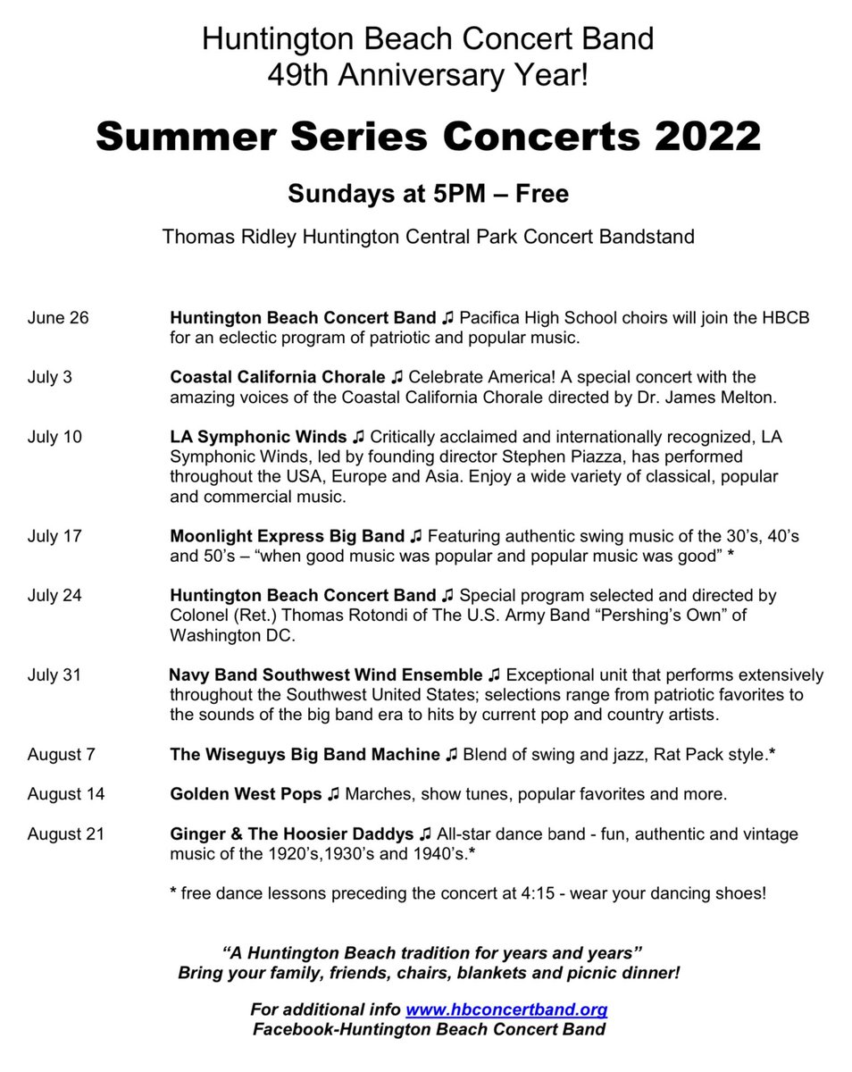 ConcertHb's tweet photo. We are happy to present the confirmed schedule for the Concerts in the Park Summer Series. Mark your calendars! #HuntingtonBeach #livemusicisbest #summerconcerts #hbcentralpark https://t.co/AkPhC1bjKU