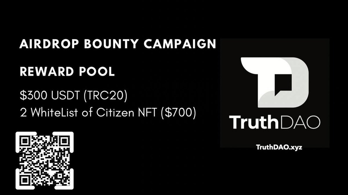 🚀 Airdrop: TruthDao Bounty Campaign 🔥 Reward Pool: $1,000 💰 Winners: 32 Top Referrers 🚧 Rate: ⭐️⭐️⭐️⭐️ 🕰 End Date: 30th April 📅 Distribution Date: Within 3 days after Airdrop End 🚨Airdrop Link: gleam.io/2La6T/truthdao…